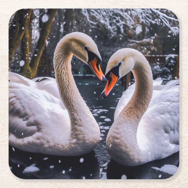 Porta-copo De Papel Quadrado Swans Românticos em uma Terra Maravilha de inverno (Frente)