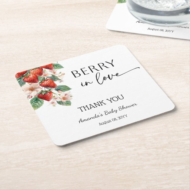 Porta-copo De Papel Quadrado Sweet Berry in Love Strawberry Bridal Shower (Inclinado)