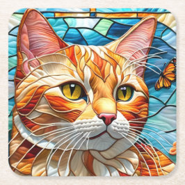 Porta-copo De Papel Quadrado Tabby  art stained glass cat colorful modern style