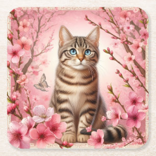 Porta-copo De Papel Quadrado Tabby Cat Japonês Cherry Blossom Flower Kitten