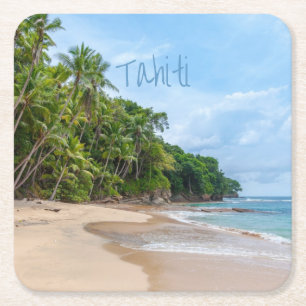 Porta-copo De Papel Quadrado Tahiti Sand Beach Blue Sky Palm Trees