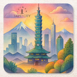 Porta-copo De Papel Quadrado Taipei City Taiwan Skyline Watercolor