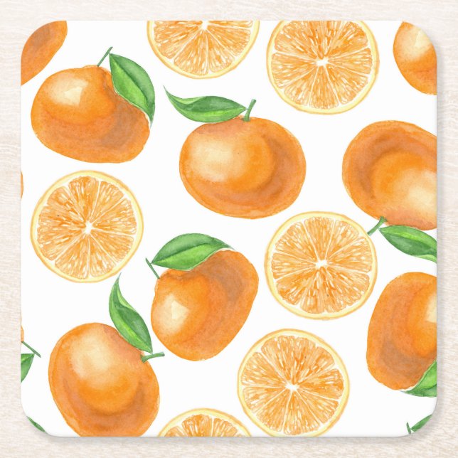 Porta-copo De Papel Quadrado Tangerinas de aquarela (Frente)
