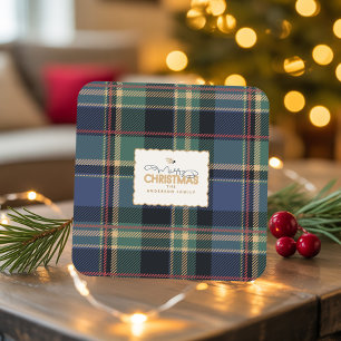 Porta-copo De Papel Quadrado Tartan de Natal Azul Marinho Verde ID1141B