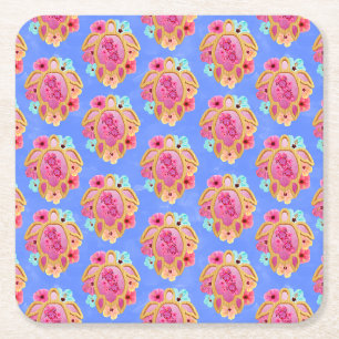 Porta-copo De Papel Quadrado Tartarugas Tropicais De Ilha Azul Rosa Floral