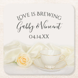 Porta-copo De Papel Quadrado Tea Cup e White Rose Wedding Love