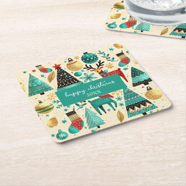 Porta-copo De Papel Quadrado Teal and gold Christmas party – whimsical reindeer (Inclinado)
