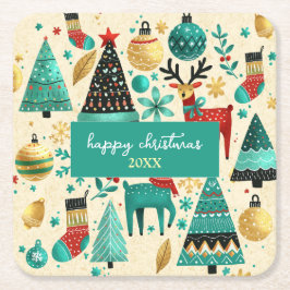 Porta-copo De Papel Quadrado Teal and gold Christmas party – whimsical reindeer