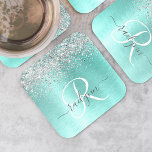 Porta-copo De Papel Quadrado Teal Brugado Metal Silver Glitter Nome Monograma<br><div class="desc">Personalize facilmente esta moda design de porta copos de de papel chic com brilho prateado bonito em um fundo metálico escovado teal.</div>