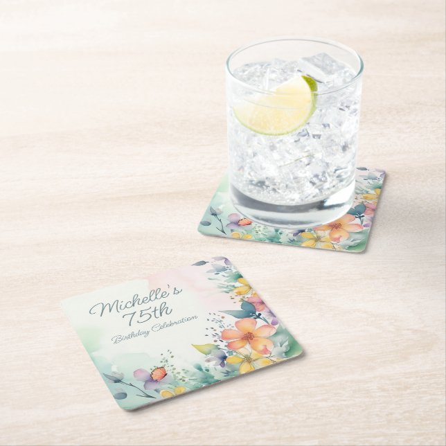 Porta-copo De Papel Quadrado Teal Pink Yellow Pastel Floral 75th Birthday (Insitu)