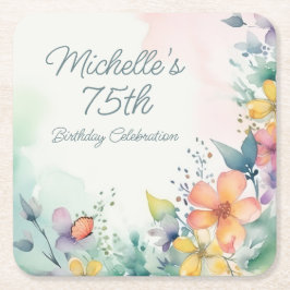 Porta-copo De Papel Quadrado Teal Pink Yellow Pastel Floral 75th Birthday