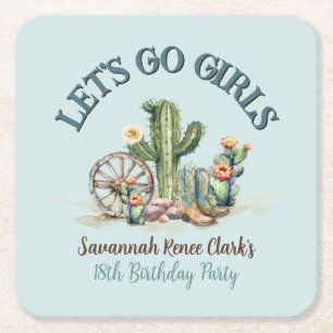 Porta-copo De Papel Quadrado Teal Vamos Meninas Cowgirl Cactus Festa de anivers