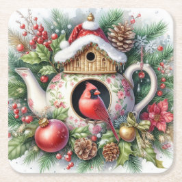 Porta-copo De Papel Quadrado Teapot Birdhouse Cardinal 3
