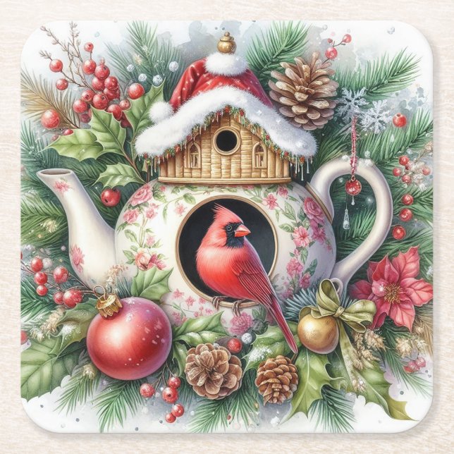 Porta-copo De Papel Quadrado Teapot Birdhouse Cardinal 3 (Frente)
