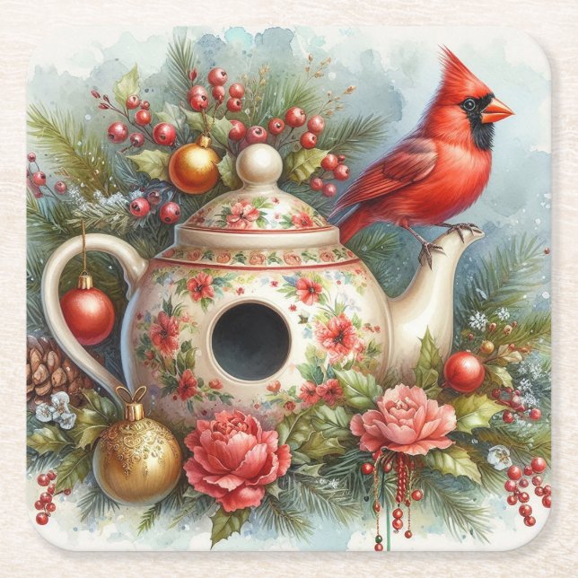Porta-copo De Papel Quadrado Teapot Birdhouse Cardinal 4 (Frente)