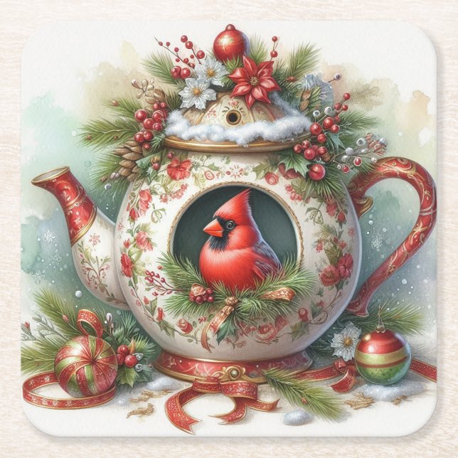 Porta-copo De Papel Quadrado Teapot Birdhouse Cardinal 5 (Frente)