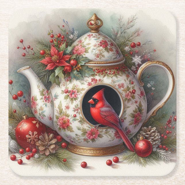 Porta-copo De Papel Quadrado Teapot Birdhouse Cardinal 7 (Frente)