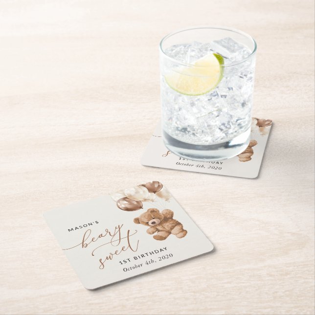 Porta-copo De Papel Quadrado Teddy Bear, Balões Marrons, Primeiro Aniversário (Insitu)