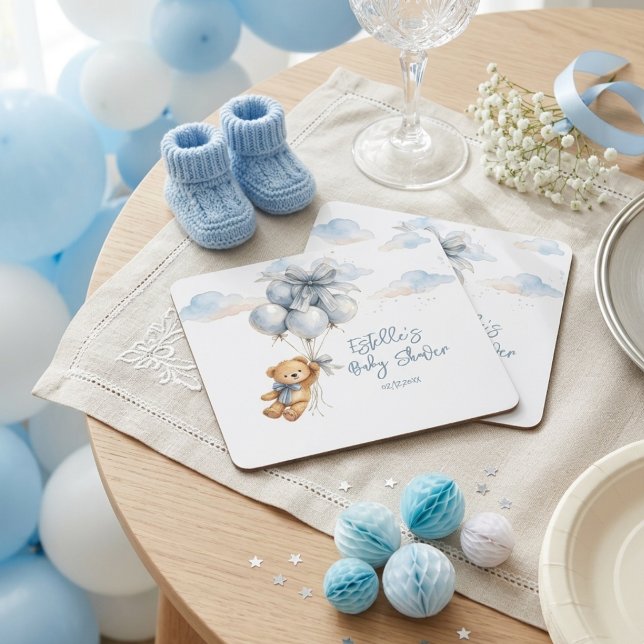 Porta-copo De Papel Quadrado Teddy Bear Blue Bow Balloons Clouds Baby Boy (Criador carregado)