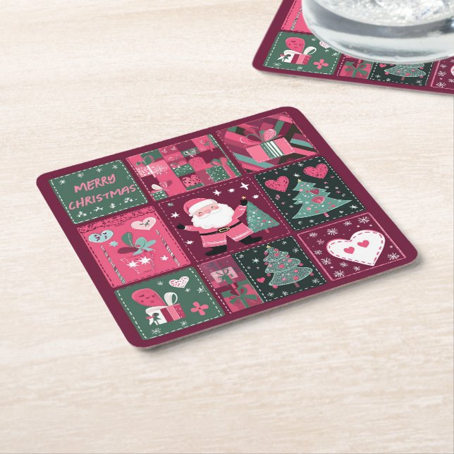 Porta-copo De Papel Quadrado Tema de Natal Púrpura e rosa Feliz Natal (Inclinado)