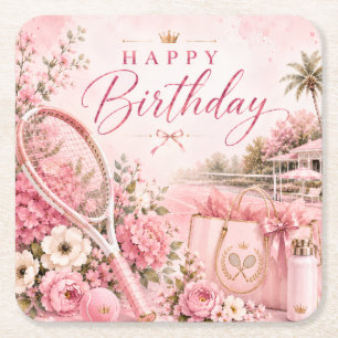 Porta-copo De Papel Quadrado Tenis Rosa Aniversário Feliz Aquarela Floral