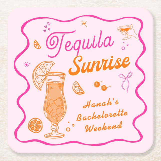 Porta-copo De Papel Quadrado Tequila Sunrise Bachelorette (Frente)