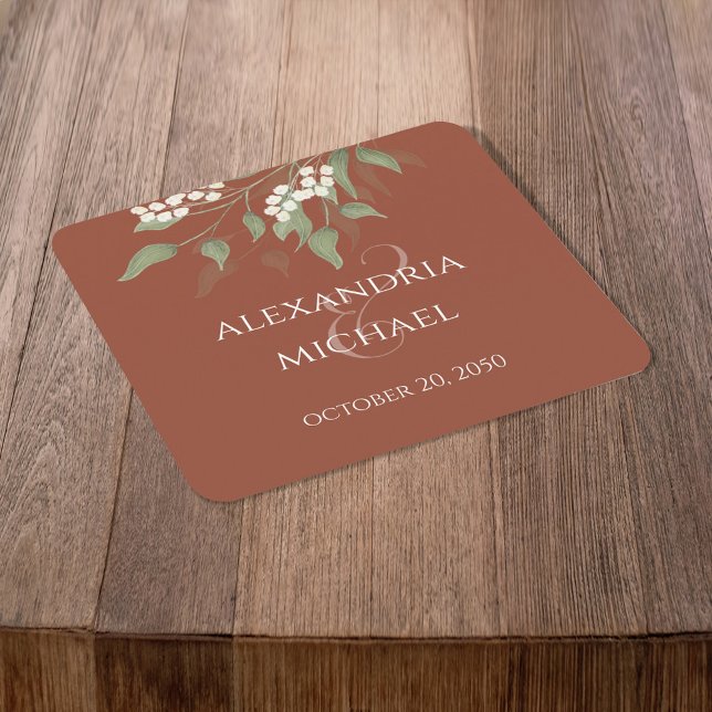 Porta-copo De Papel Quadrado Terracotta Elegante Greenery Calliografia Ampersan (Terracotta simple greenery floral paper coaster with calligraphy ampersand. )