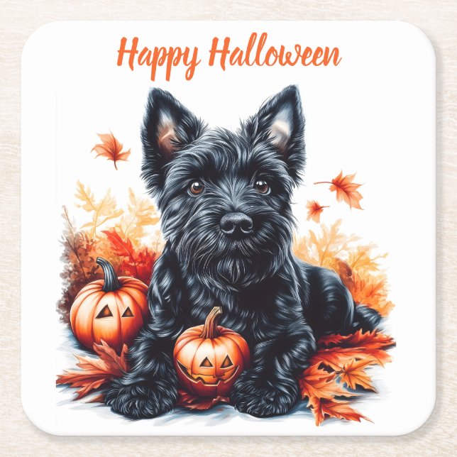 Porta-copo De Papel Quadrado Terrier Halloween escocês (Frente)
