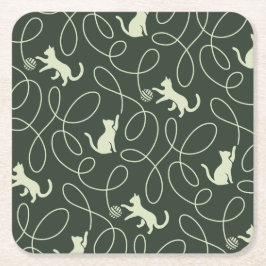 Porta-copo De Papel Quadrado Terroso Neutro Gato e Bola de Lã Floresta Verde Ol