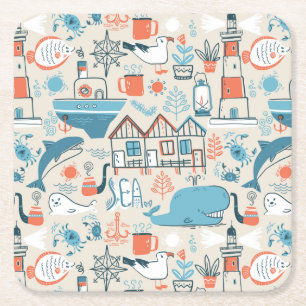 Porta-copo De Papel Quadrado Teste padrão bonito do Doodle do Mar do Norte