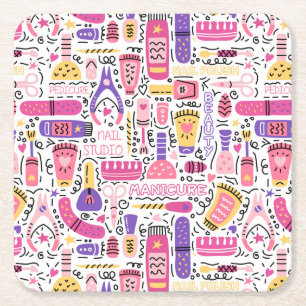 Porta-copo De Papel Quadrado Teste padrão bonito do Manicure do Doodle