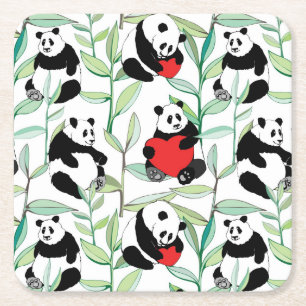 Porta-copo De Papel Quadrado teste padrão com as pandas bonitas com corações