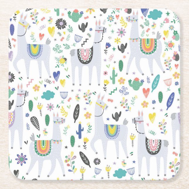 Porta-copo De Papel Quadrado Teste padrão da alpaca do Doodle (Frente)