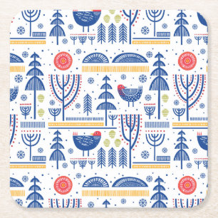 Porta-copo De Papel Quadrado Teste padrão do pássaro do inverno da arte popul