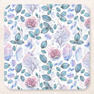 Porta-copo De Papel Quadrado Teste padrão dos cristais & dos rosas do unicórn