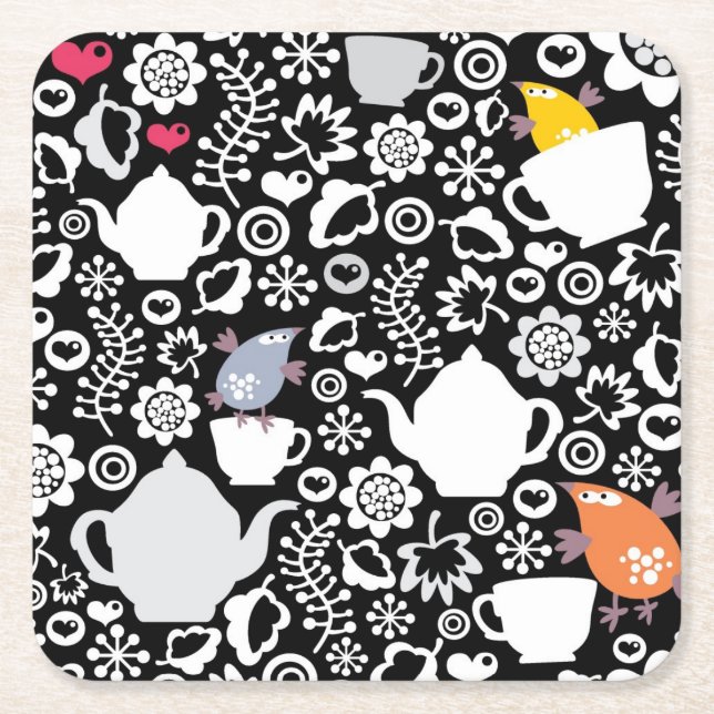 Porta-copo De Papel Quadrado Teste padrão dos pássaros e dos copos (Frente)