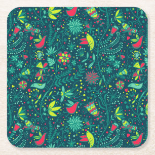 Porta-copo De Papel Quadrado Teste padrão floral com pássaros 2 dos desenhos