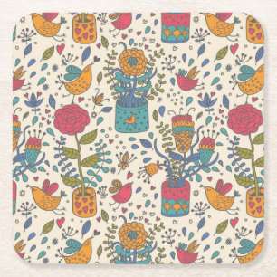 Porta-copo De Papel Quadrado Teste padrão floral dos desenhos animados com