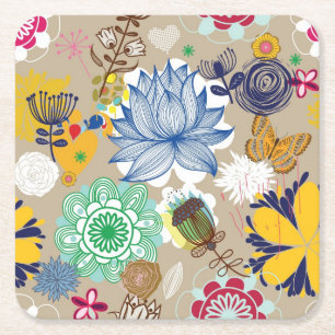 Porta-copo De Papel Quadrado Teste padrão floral no estilo retro 3