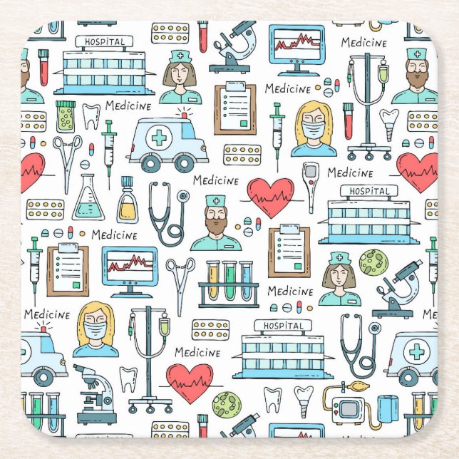 Porta-copo De Papel Quadrado Teste padrão médico do design (Frente)