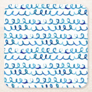 Porta-copo De Papel Quadrado Teste padrão ondulado da aguarela azul pintado m