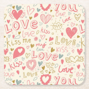 Porta-copo De Papel Quadrado Teste padrão romântico com corações e lábios