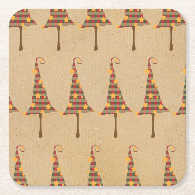 Porta-copo De Papel Quadrado Teste padrão rústico das árvores de Natal (Frente)