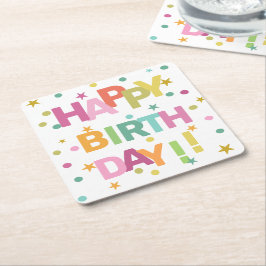 Porta-copo De Papel Quadrado Texto Colorido Confetti e Estrelas Feliz Aniversár