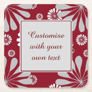 Porta-copo De Papel Quadrado Texto Personalizado Floral para Borgonha e Cinza