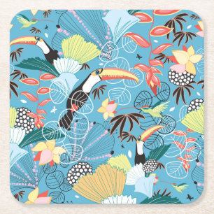 Porta-copo De Papel Quadrado Textura tropical com Toucans e colibris