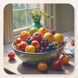 Porta-copo De Papel Quadrado Tigela de fruta sentada sobre uma pintura de óleo