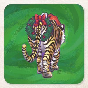 Porta-copo De Papel Quadrado Tiger Christmas On Green