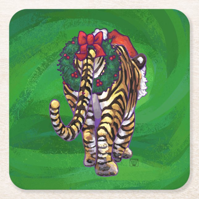 Porta-copo De Papel Quadrado Tiger Christmas On Green (Frente)