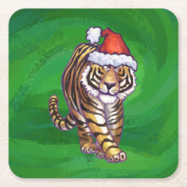 Porta-copo De Papel Quadrado Tiger Christmas On Green (Frente)